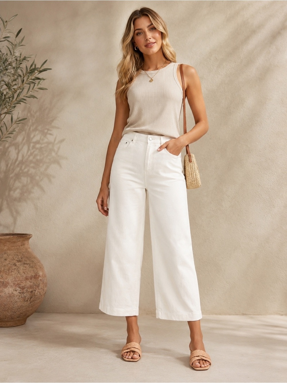 Commense White High Rise Cropped Wide Leg Jeans NWT